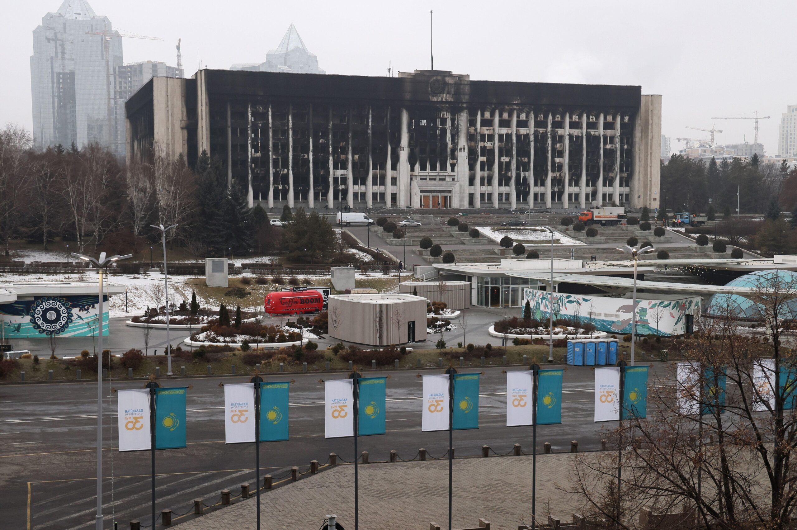 Almaty, Kazakhstan. 10th Jan, 2022. A view of the mayor's office building damaged in mass riots. Credit: Valery Sharifulin/TASS/Alamy Live News