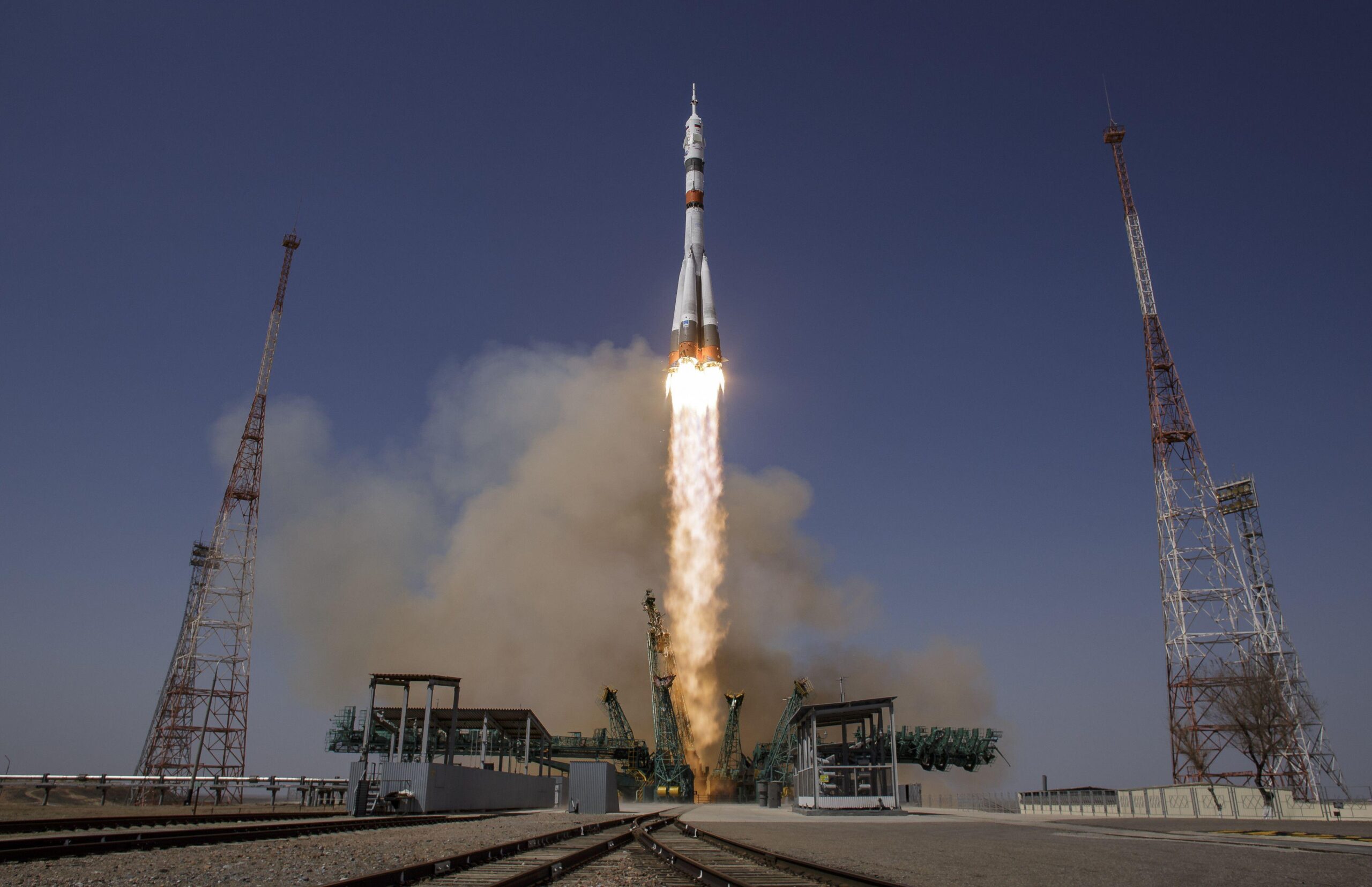 The Soyuz MS-18 rocket is launched with Expedition 65 NASA astronaut Mark Vande Hei with Roscosmos cosmonauts Pyotr Dubrov and Oleg Novitskiy, Friday, April 9, 2021, at the Baikonur Cosmodrome in Kazakhstan. NASA Photo by Bill Ingalls/UPI Credit: UPI/Alamy Live News
