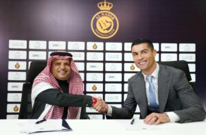 Riyadh, Kingdom, Saudi Arabia, Portuguese football star Cristiano Ronaldo poses with AlNassr Football Club President Mossali Al-Muammar at press conference in Riyadh, Kingdom of Saudi Arabia, on January 3, 2023. Photo by Balkis Press/ABACAPRESS.COM Credit: Abaca Press/Alamy Live News